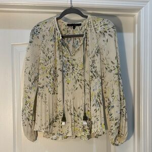 White House Black Market Floral Pleated Blouse Tassels Size XXS-S